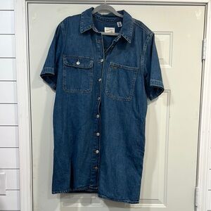 Blue Denim Casual Dress with Classic Collar
